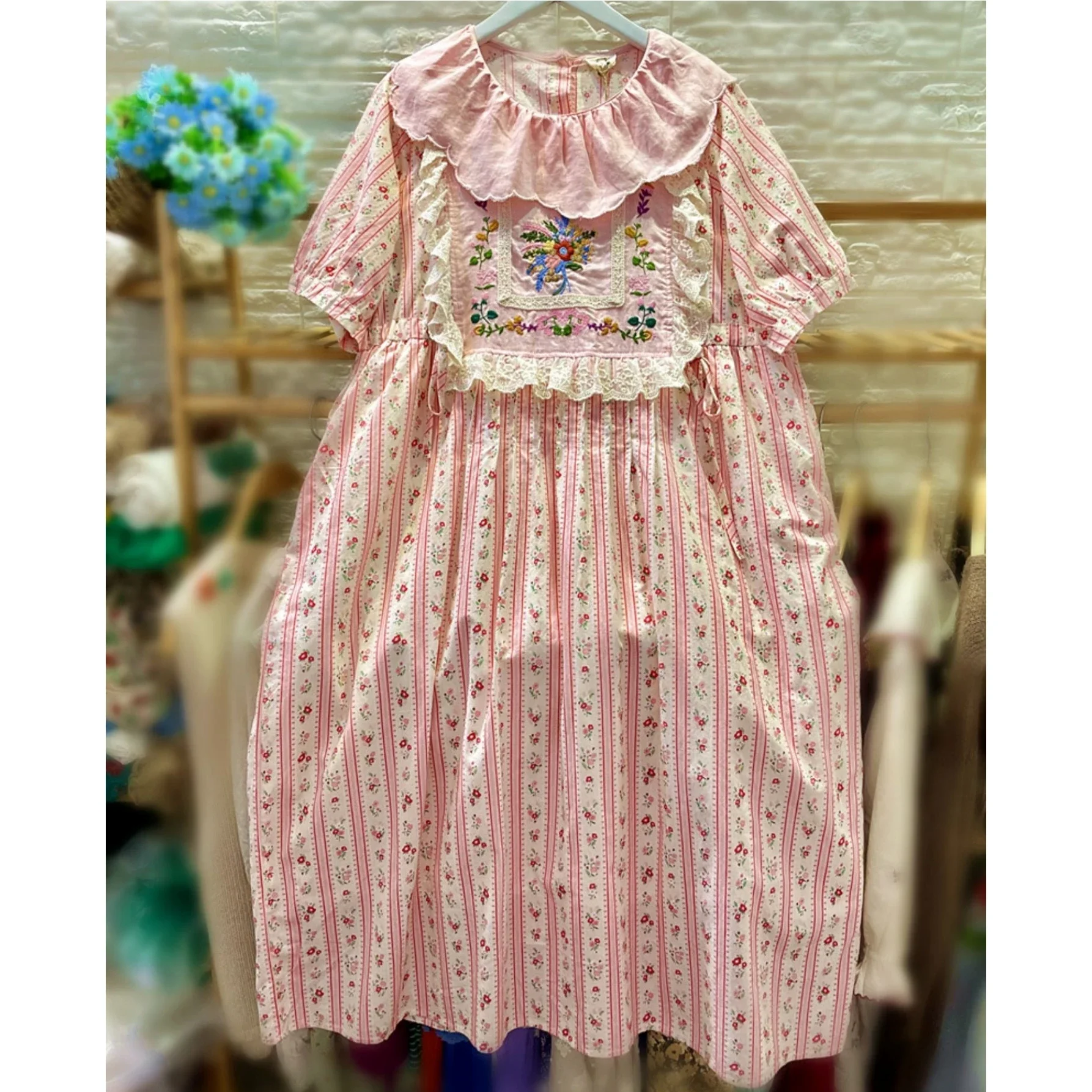 

Sweet Cotton Ruffled Lace Embroidery Midi Dress for Women Vintage Shabby Chic Lolita Mori Girl Cottagecore Harajuku Long Dress