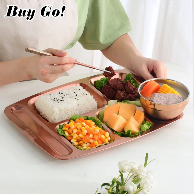 6 Sections Stainless Steel Fast Food Divided Tray Lunch Container Food Dinner Snack Plate With Spoon Chopsticks for Kids School