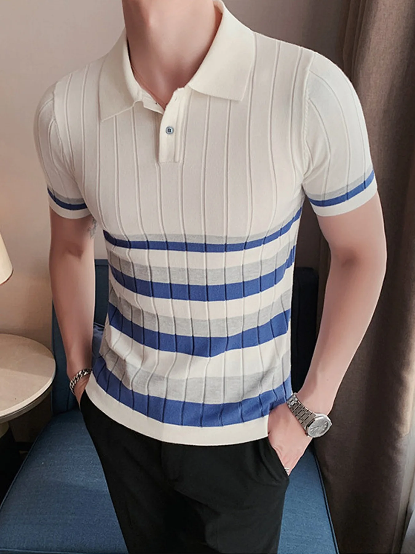 

Men's Short-Sleeved Knitwear Sweater Striped Contrast Polo Neck Summer Comfortable Breathable T-Shirt Fashion Casual Collar