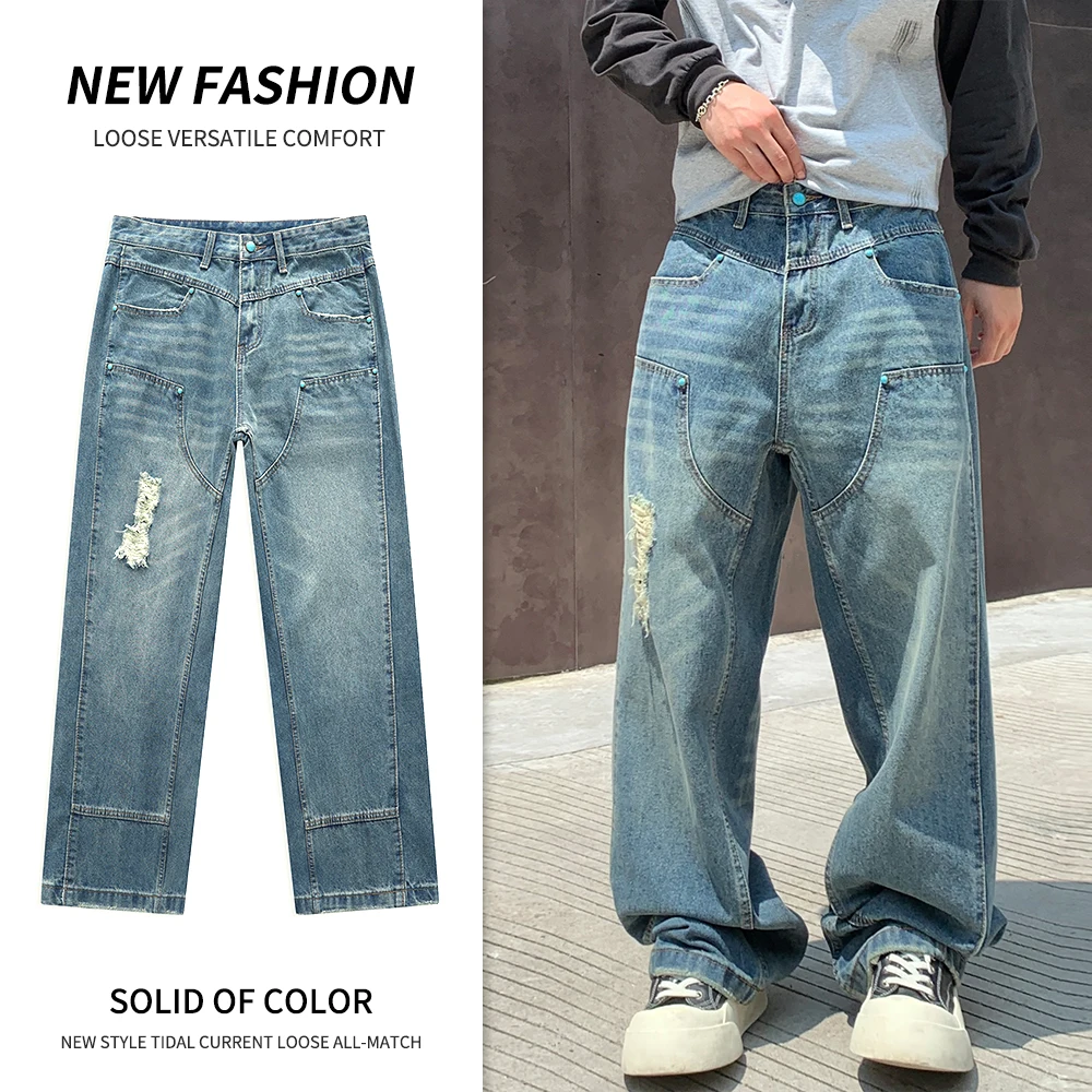 

Korean Fashion Men's Ripped Jeans Street Hip-hop Loose Wide Leg Pants Y2k Street Skateboarding Outdoor Baggy Pants Brand Pants