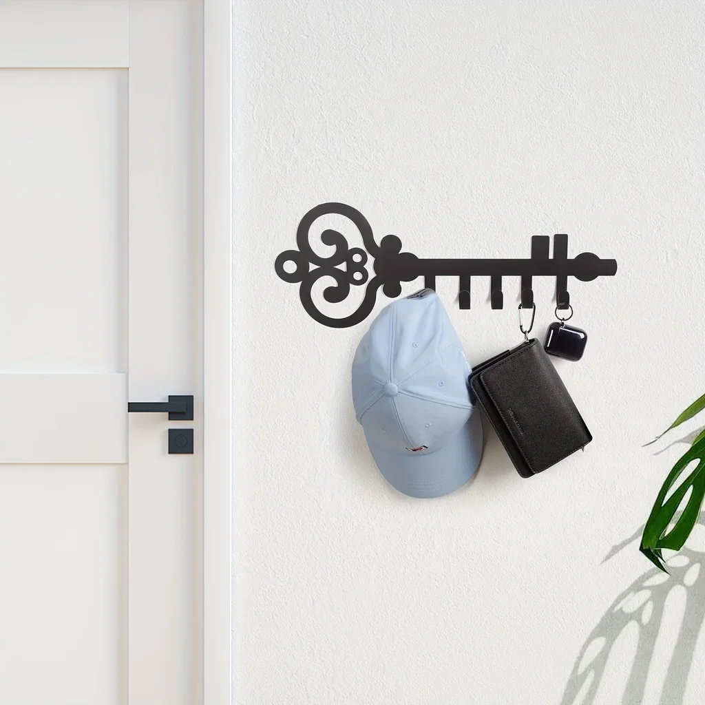 CIFBUY Wall Mounted Key Holder, Key Storage Row Hooks With 7 Hooks, Black Metal Key Organizer Rack, Hanger, Bedroom Decor