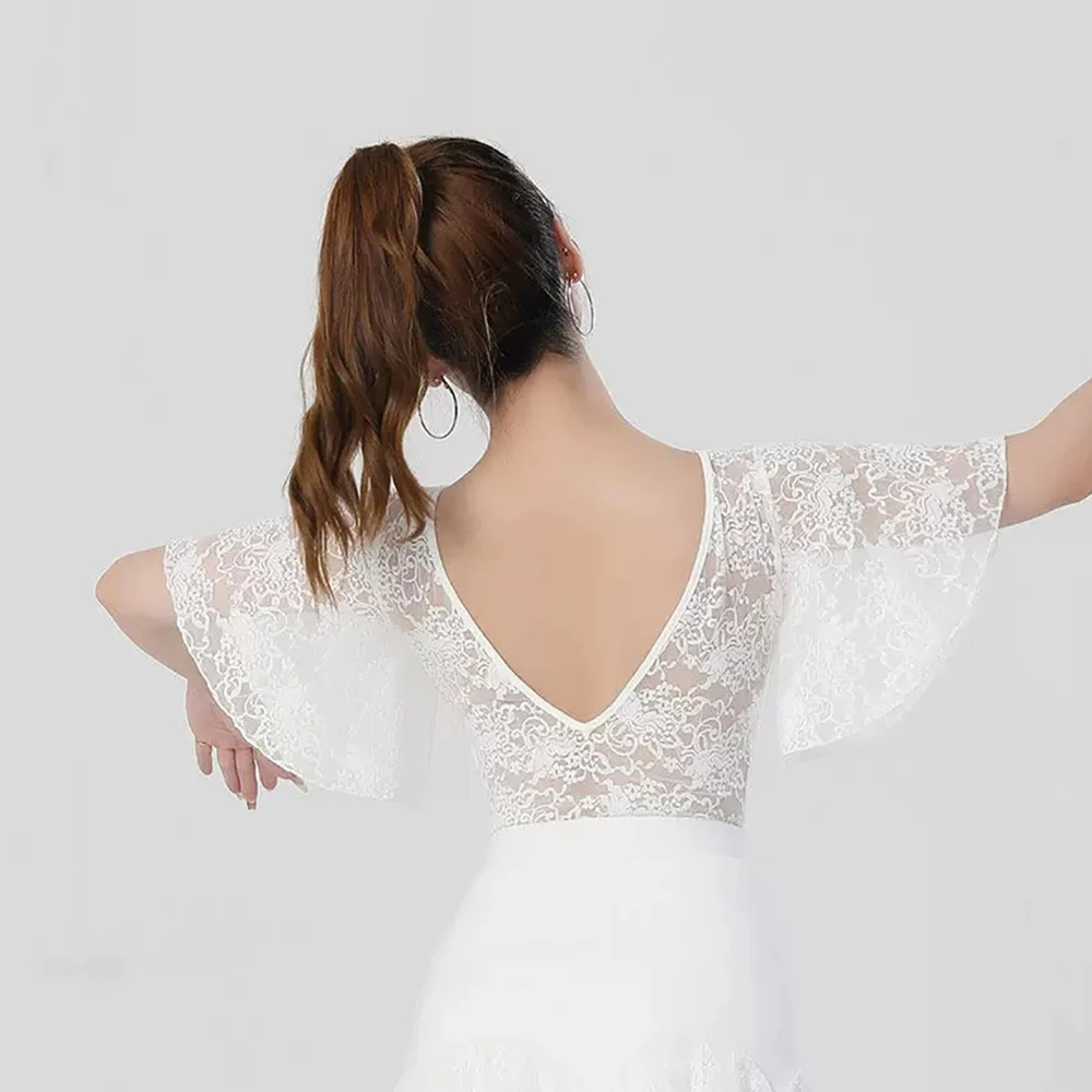 

Elegant Latin Dance Top Lace Flutter Short Sleeve Waltz Blouse Ballroom Cha Cha Rumba Training Bodysuit Dance Practice Clothes