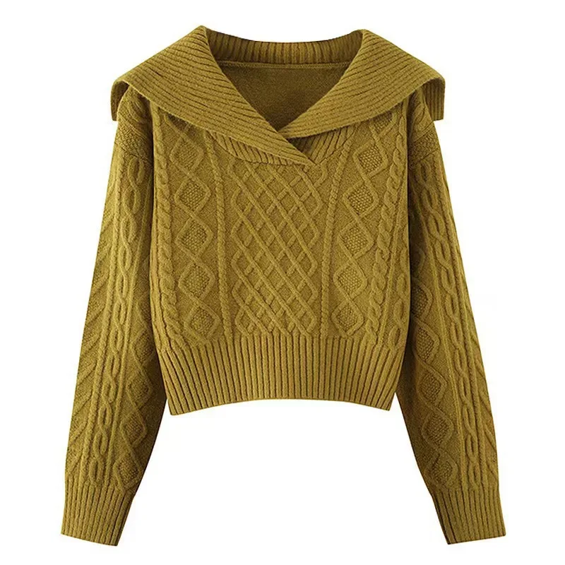 Large lapel  sweater, high waisted short sweater, women's 2023 autumn/winter pullover, long sleeved pullover, knitted top