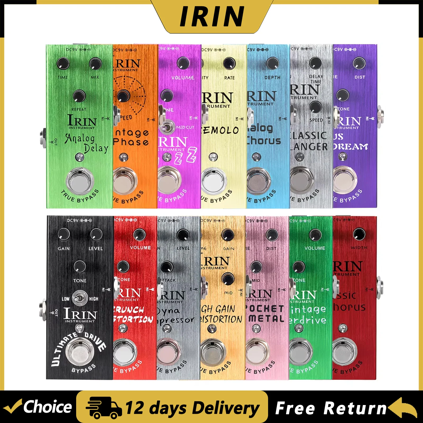 IRIN Electric Guitar Effect Pedal Vintage Overdrive/Crunch Distortion/Analog Delay/Dyna Compressor/Classic Chorus/Tremolo Pedal