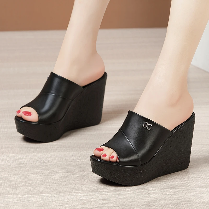 Women Wedges Slippers 2024 New Summer Fashion Open Toe Solid Color Shallow Sandals High Heels Platform Slippers Slides Women