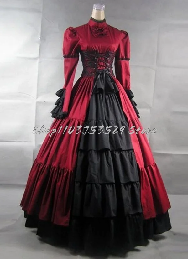 Elegant Red Victorian Prom Dresses Delicate Bow Satin Lace Tie Gothic Long Sleeve A-Line Tiered Ruffles Masquerade Evening Gowns