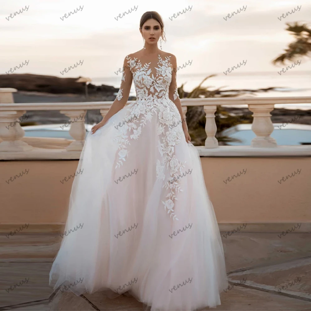 

Pretty Wedding Dresses For Women A-Line Tulle Tiered Bridal Gowns Lace Appliques Three Quarters Sleeves Vestidos De Novia 2024