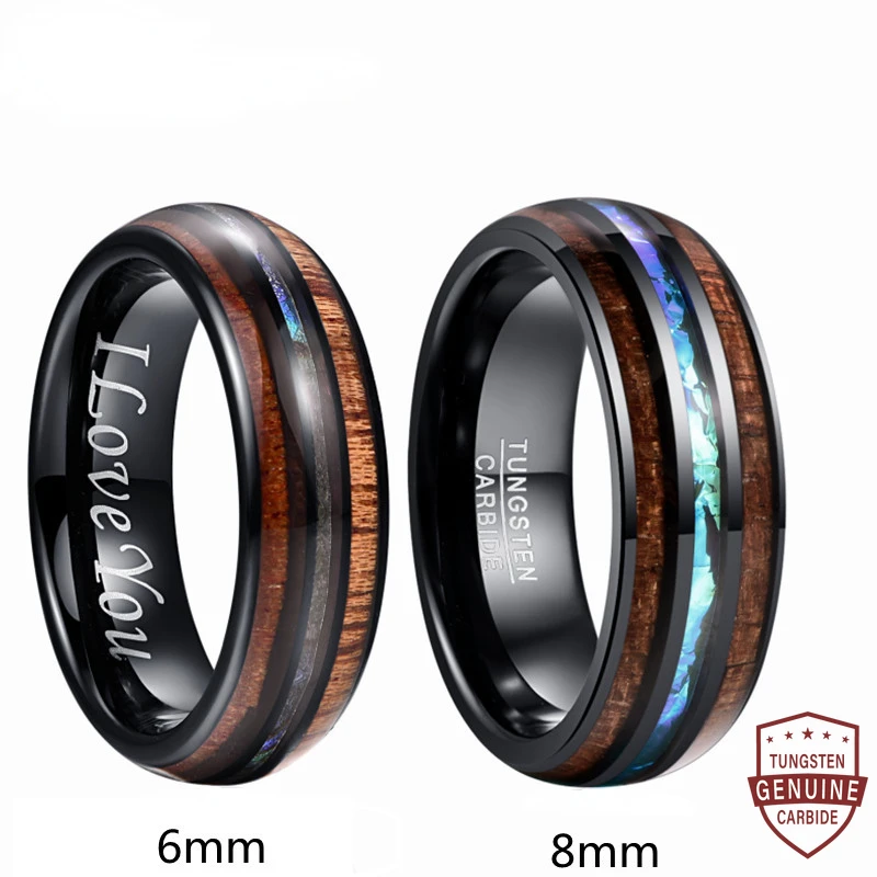 6mm 8mm Tungsten Carbide Ring Hawaiian Koa Wood and Abalone Shell Steel Rings Wedding Bands for Men