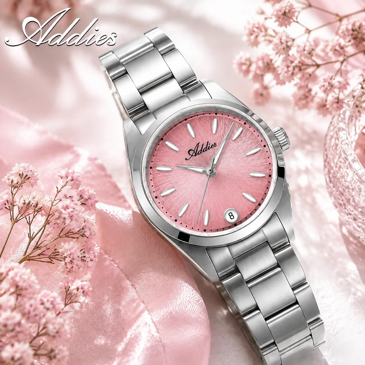 ADDIES Elegant Ladies Quartz Watches Stainless Steel 5Bar Waterproof GM12 Wristwatch Sapphire Glass BGW9 Luminous Calendar Watch