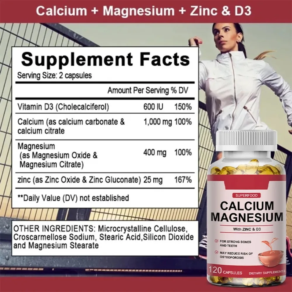 Calcium Magnesium Zinc Vitamin D3 Capsules for Promotes Bone&Muscle&Nervous System Health | Non-GMO, Vegan