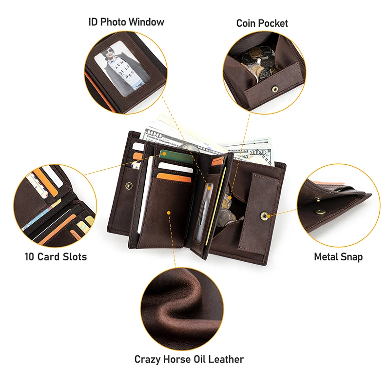 CONTACT'S-billeteras RFID de cuero genuino para hombre, carteras masculinas informales, plegables, cortas, tarjeteros, monederos con Clip para dinero