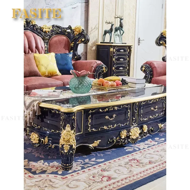 For European Solid Wood Coffee Table Set with Natural Marble Top Living Room TV Cabinet No Assembly Required Modern Furniture