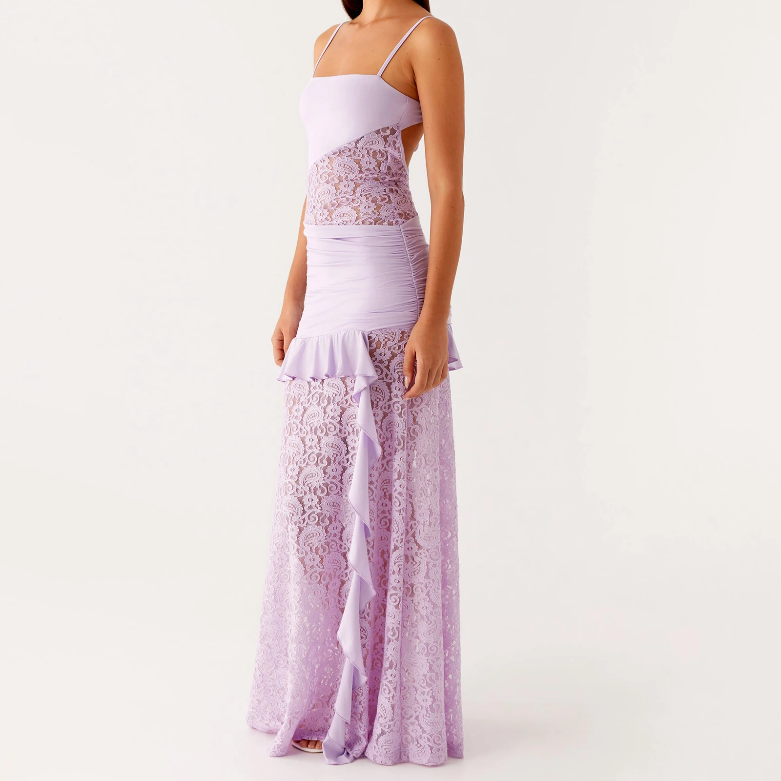 คุณภาพพรีเมี่ยมหรูหราVestidos 2025 ผู้หญิงยาวSlim Camiชุดแขนกุดไม่สม่ําเสมอRuffle Trimลูกไม้Patchworkชุด