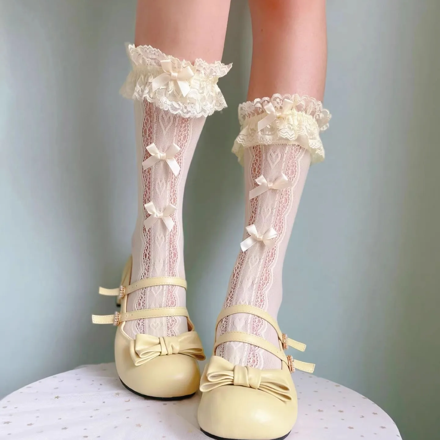 Japanese lo bow socks lace stacking sock lolita tube socks sweetheart girl cute sweet beautiful women sock with skirt