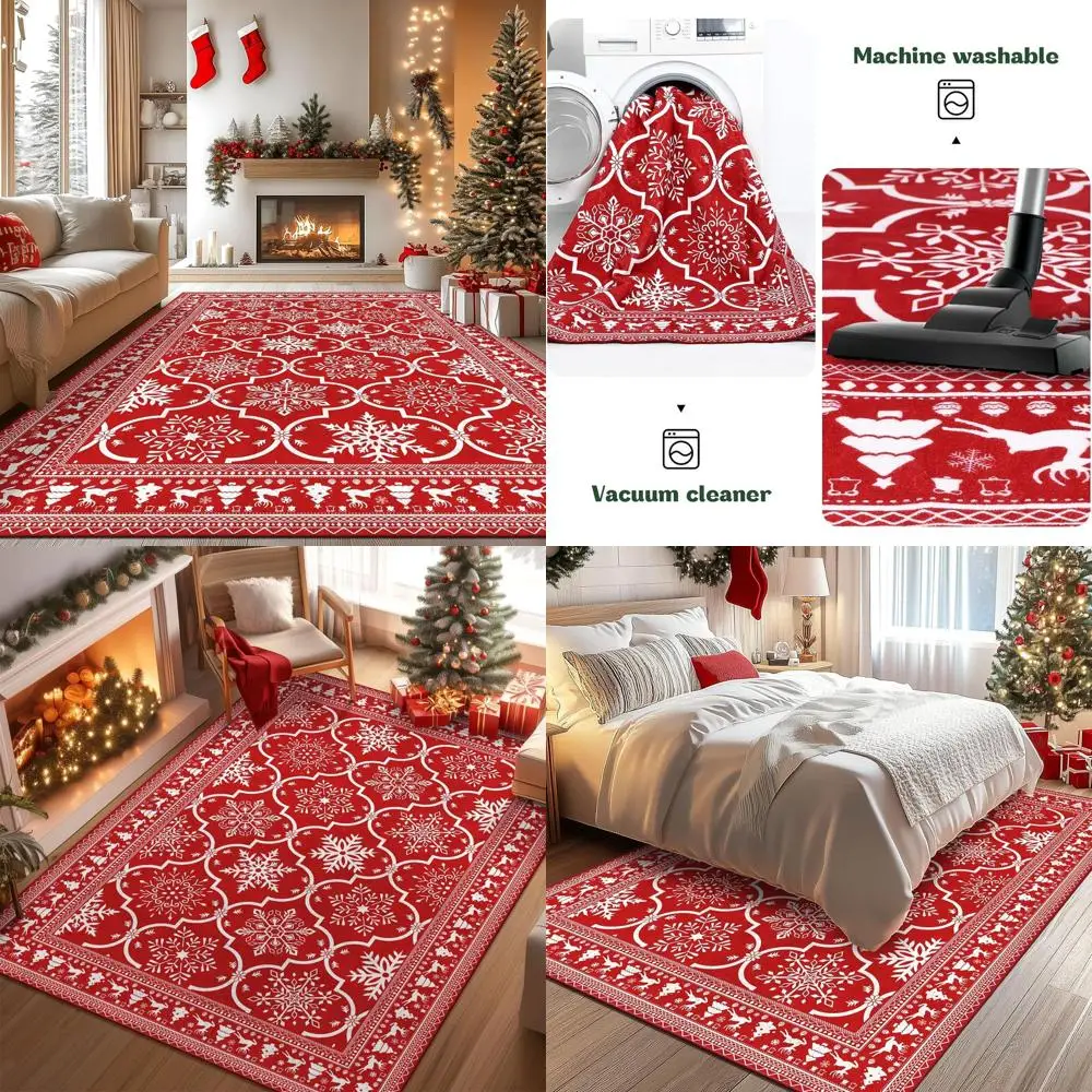 

Red Snowflake 5x7 Washable Christmas Rug, Non-Slip Soft Low Pile Holiday Carpet for Home