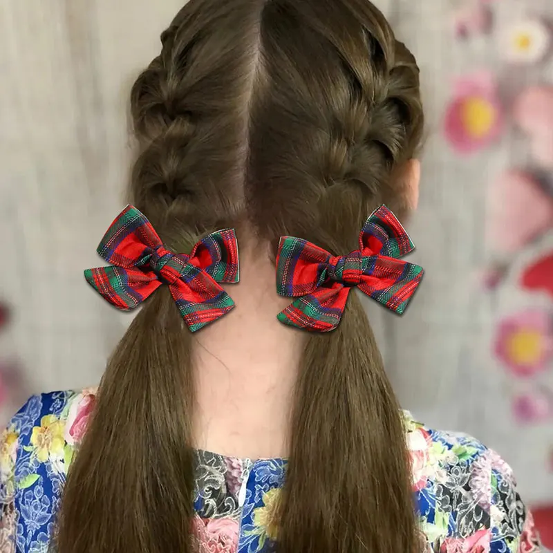 2PCS Vintage Christmas Plaid Hair Bow Clip For Girls Handmade Hairgrips Kids Hairpin Barrettes Children Headwear Accessories