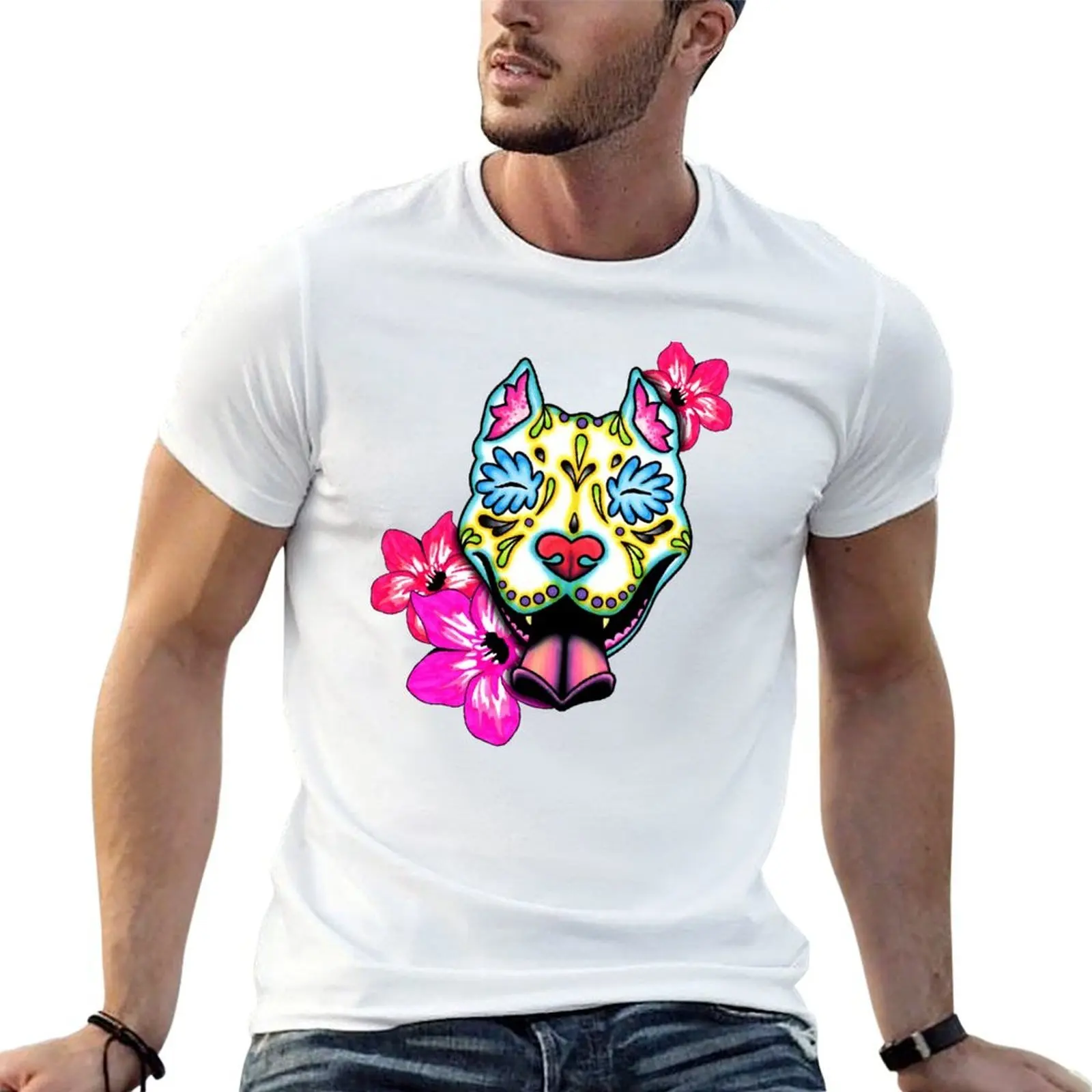 Slobbering Pit Bull - Day of the Dead Sugar Skull Pitbull Dog T-Shirt t shirts for man graphic tees t shirts cotton 100% T-Shirt