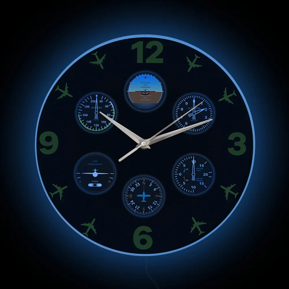 Airplane Airspeed Indicator Lighted Wall Clock Pilots Home Decor Aircraft Instrument Aviation Thermometer LED Backlit Wall Clock