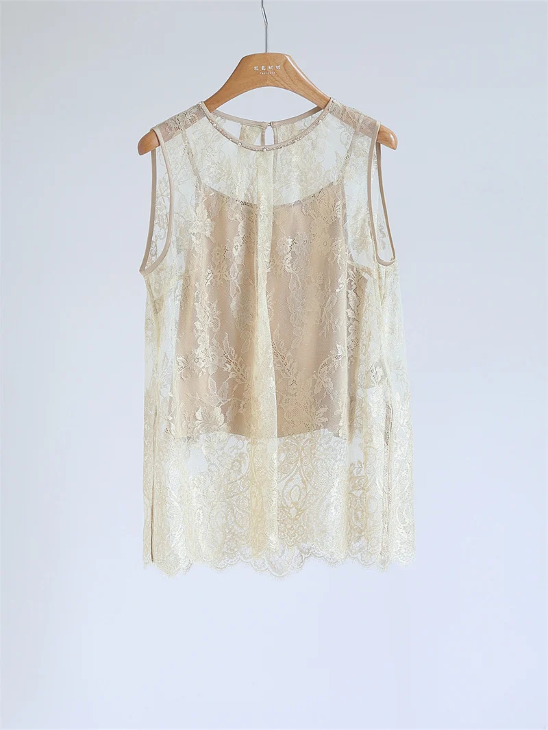 

Elegant Lace Embroidery Sleeveless Comfortable Top Women's Beaded round Neck Lightweight Breathable T-Shirt French Style Loos...