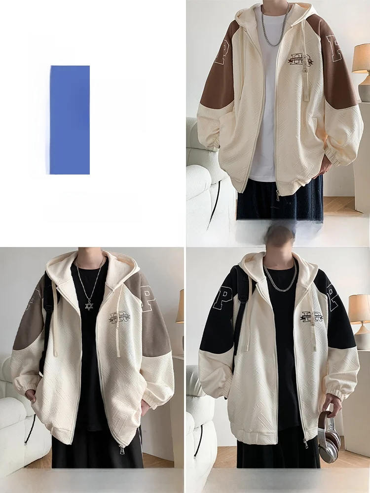 الأمريكية الرجعية الرجال Jaet ربيع الخريف عارضة التباين اللون مقنعين الرياضة Sle معطف السيارة الترفيه مباراة جميع سستة إغلاق