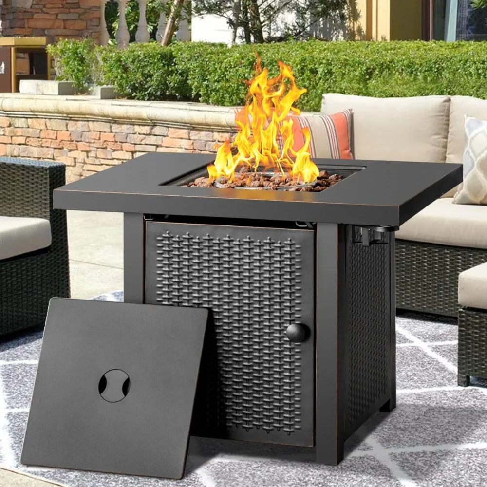 32 inch Propane Fire Pit Table with 2 Drink Holders | Fire Pit Table with Lid &Lava Rock,50000 BTU Propane Fire Pit