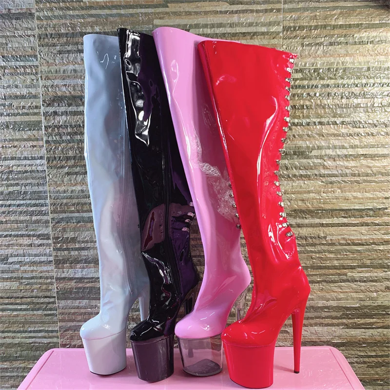 Clear Super Platform 20cm Ultra high heels Thigh Boots Back Cross-Tie Women Pink Red white Patent Leather  Over The Knee Boots