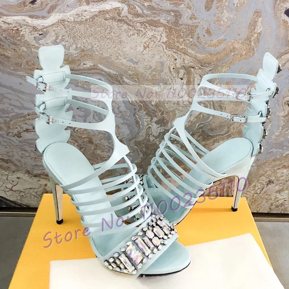 Pink Crystal Embellished Cage Sandals Women Double Ankle Straps Stiletto Shoes Cool Girls Summer Gem Cover Heel Dress Sandals view 5