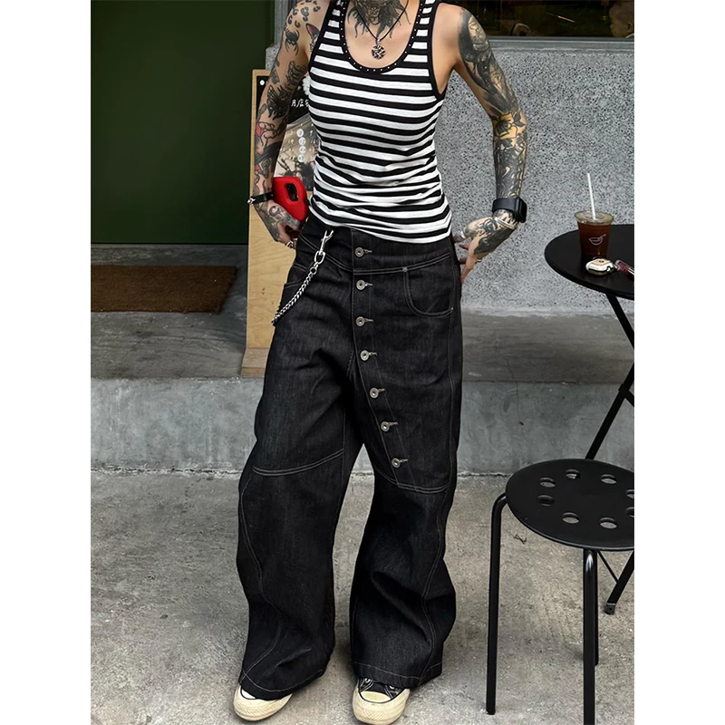

Женские винтажные черные мешковатые джинсы Y2k, джинсовые брюки в стиле Харадзюку, уличная одежда, повседневные джинсовые брюки большого размера 2000-х годов, одежда