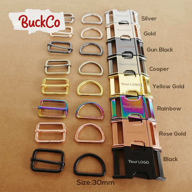 100set Engraved mixed size(metal buckle+adjust buckle+D ring)garment backpack collar DIY accessory 8 Colours 15mm to 30mm 4 size