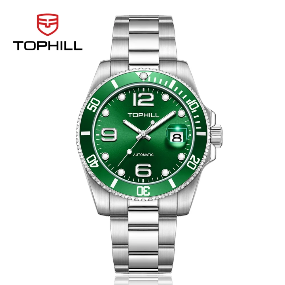 TOPHILL 40mm Automatic Watch Men Mechanical Wristwatch Business Aluminum Bezel 3H Date Sapphire Glass 3ATM C3 Luminous TD006G