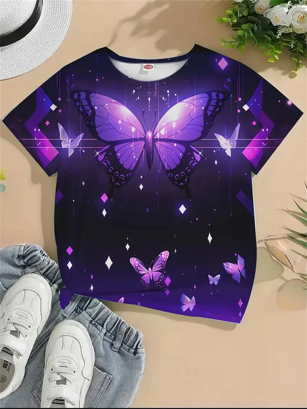 2025 Ropa para niñas, nuevas camisetas divertidas con estampado 3d de mariposas y animales para niñas, camisetas de manga corta a la moda para fiestas, camisetas informales