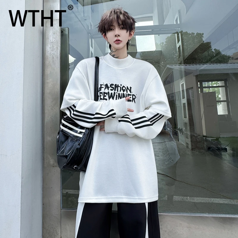

WTHT Fashion Men's Letter Striped Fake Two-pieve Casual T-shirts Trendy 2025 Autumn Long Sleeves Round Neck Tops Male 2A1449