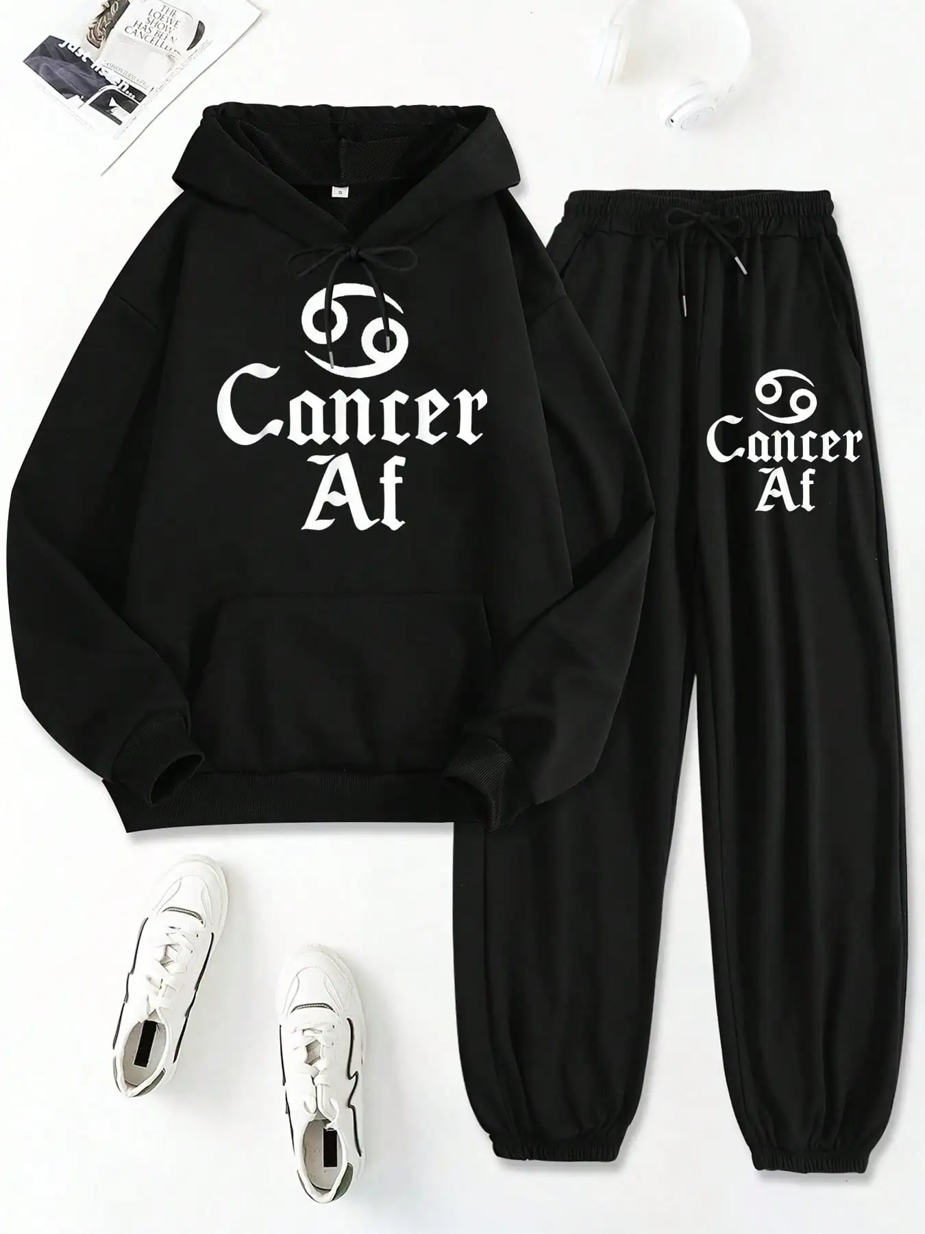 Conjunto de Sudadera con Capucha y Pantalones Deportivos con el Signo Zodiacal Cáncer AF para Hombres y Mujeres, Sudadera Casual Negra y Pantalones Deportivos con Estampado del Símbolo del Cáncer, Perfecto para Regalo de Cumpleaños
