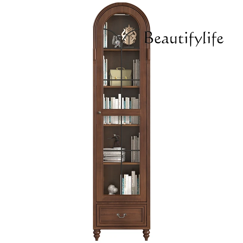 

American medieval solid wood arched bookcase small apartment household display cabinet with glass door