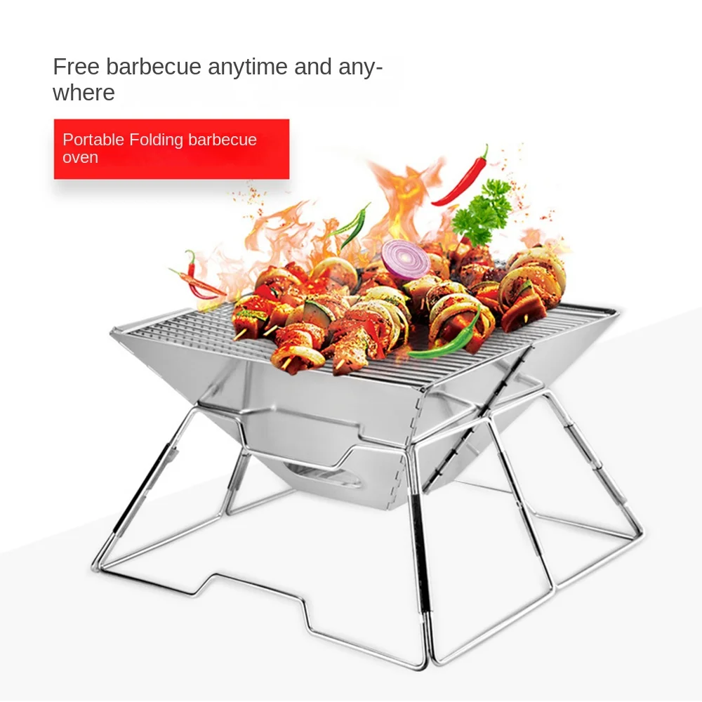 Camping Wood Burning Stove w/ BBQ Grill Net Portable Folding Stainless Steel Foldable Fire Table Outdoor Barbeque Cooking Stove