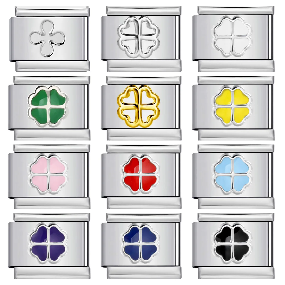 Simplicity Colorful Red Green Yellow Blue Four-leaf clover Italian Charm Link Fit 9mm Stainless Steel Bracelet Making DIY Beads