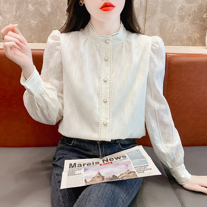 New 2024 Spring Women Shirts & Blouses Hollow Out Lace Blouse Long Sleeve White Korean Tops Beaded Elegant Women Clothes