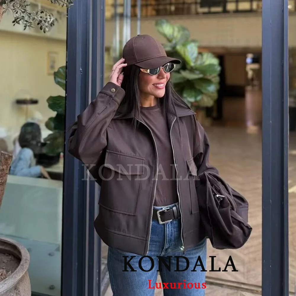 

KONDALA Chic Brown Bomber Jackets Women Long Sleeve Zipper Pockets Coats Fashion 2025 Autumn Winter Streetwear Female Outwears