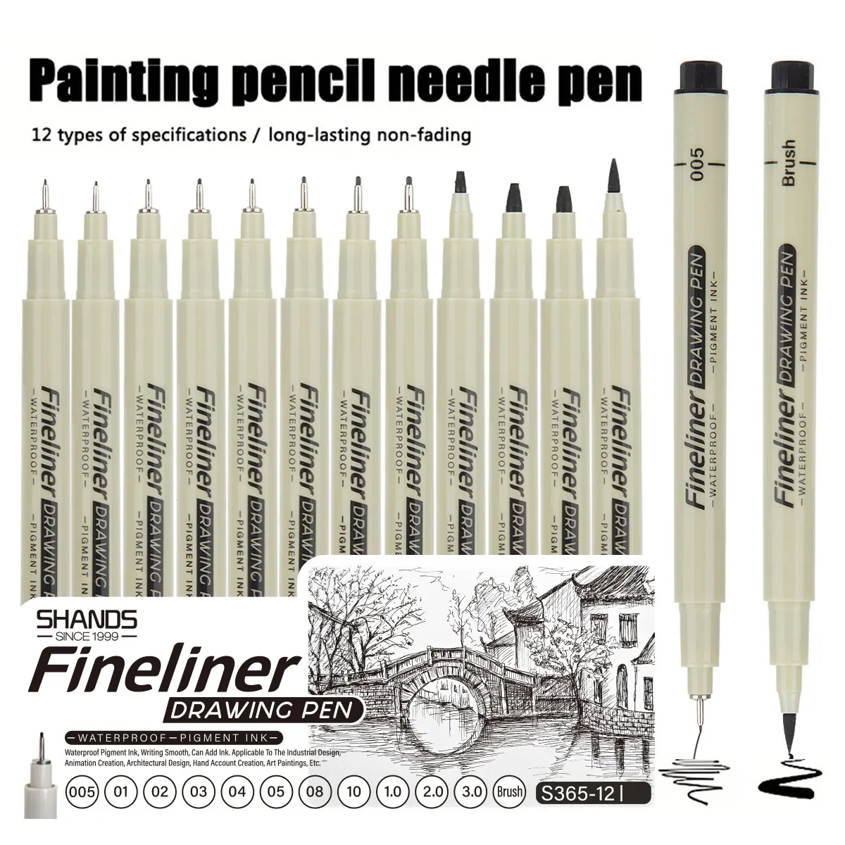 SHANDS 12pcs Fine Liner Waterproof Ink Pens Set-Black Various Tip Sizes for Detailed Sketching, Journaling,  School Accessories