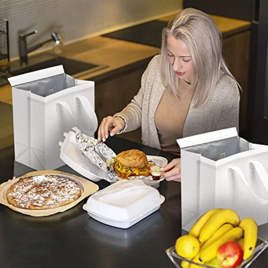 Set of 25 Insulated Take Away Bags Small Insulated Cooler Bag Grocery Bags White Thermal Bags for Hotcold  Food Food Delivery 9