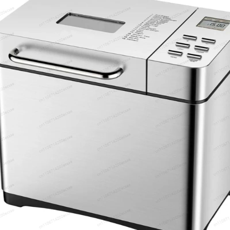 Molde para hornear de cerámica antiadherente y panificadora de acero inoxidable con panel táctil digital y dispensador de frutas y nueces.