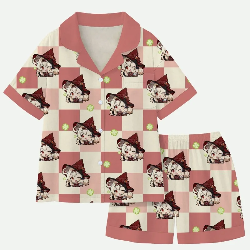 Game Anime GS Impact Cos Hutao Klee Unisex Summer Students Comfortable Cartoon Short-sleeved Shirts Shorts Pajama Suit Clothing