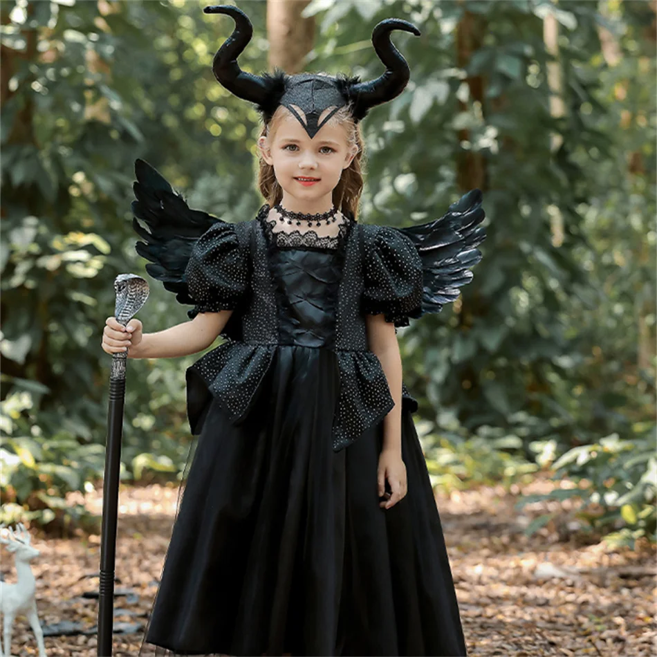 Böse Königin Halloween Cosplay Kostüm Mädchen Schwarzes Hexen-Prinzessinnenkleid Kinder Geburtstag Karneval Party Kleidung Bühnenauftritt Kleid – Detail 16