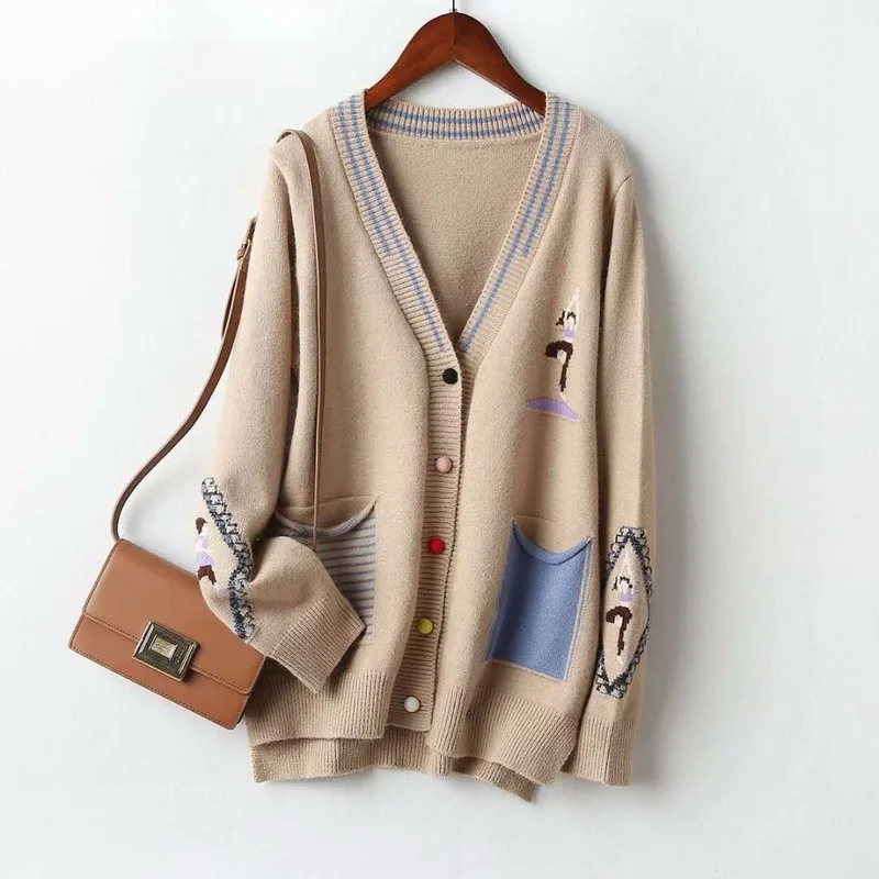 Women\'s knitted jacket 2023 new autumn and winter Korean version of the V-neck fashion outer cardigan sweater women