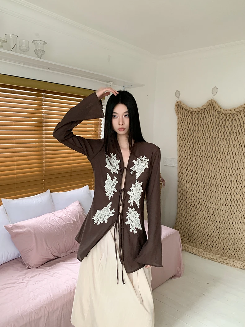 CHEERART  Vintage Brown Lace Up Flare Long Sleeve Blouse Fall Clothes 2024 Women Embroidered Shirt Designer Fashion Top