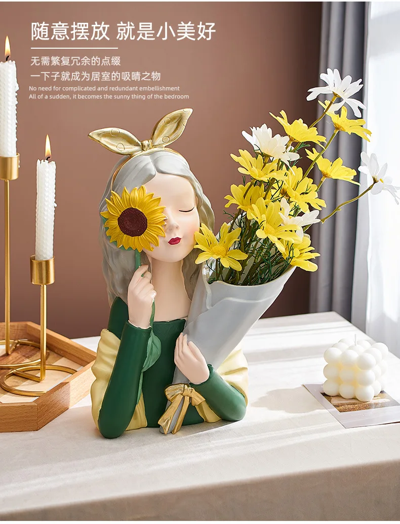 Cute Lady Figurines Flower Vase, Modern Woman Figure Resin Statue, Decorative Table Sculpture, Home Desk Decoration