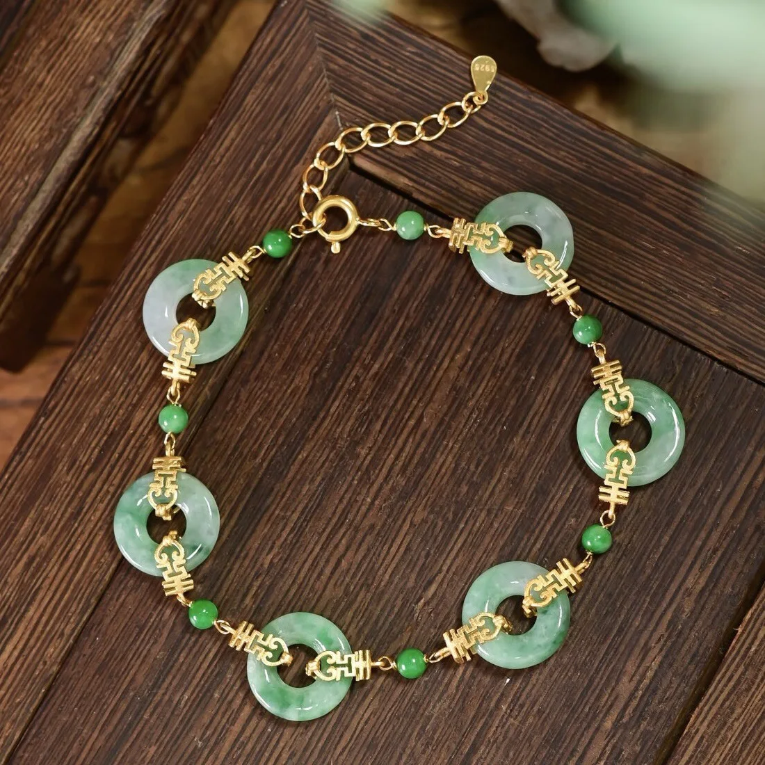 Natural Floating Flower Jadeite Donut Bracelet, Spicy Green Beads Gilded S925 Silver Double Happiness Women Wrist Jewelry