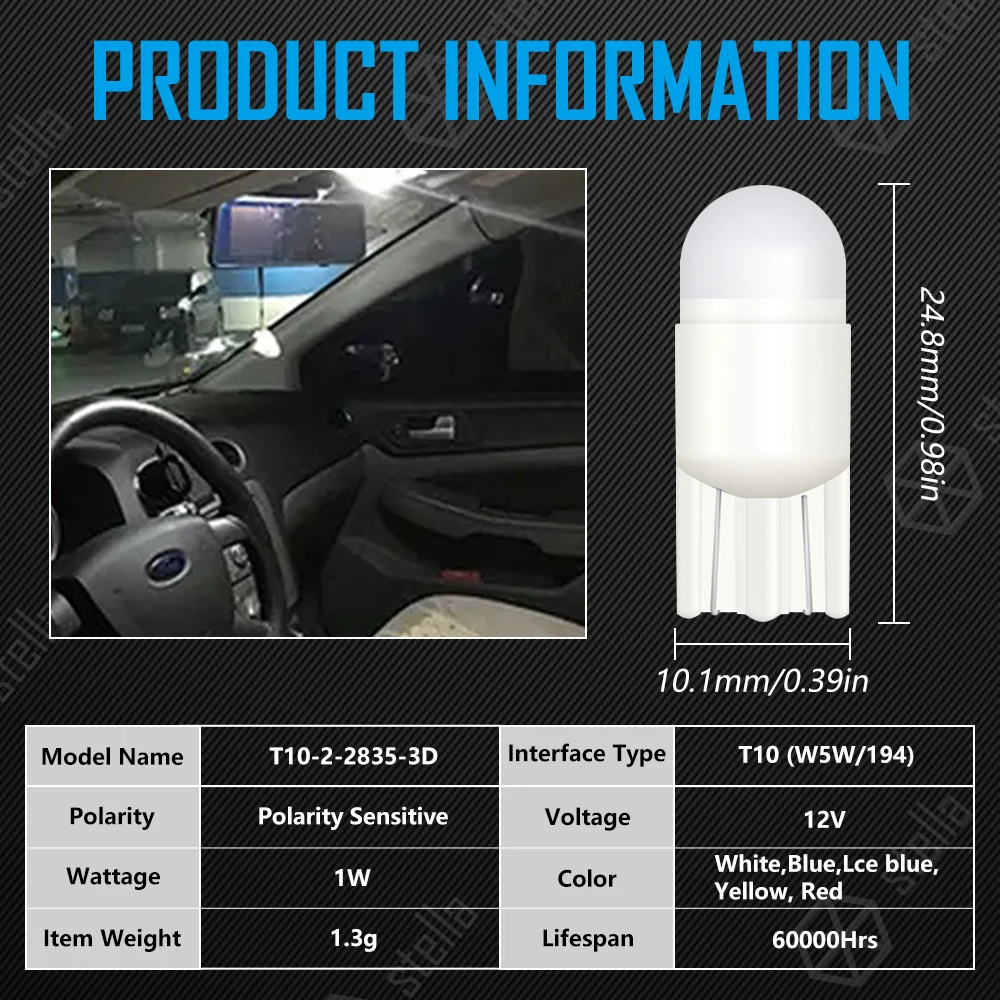 ستيلا 14 قطعة T10 LED لمبة أبيض أحمر أزرق IceBlue أصفر ثلاثية الأبعاد ضوء لامع صغير الحجم 100% تثبيت W5W لمصباح إشارة السيارة الداخلي
