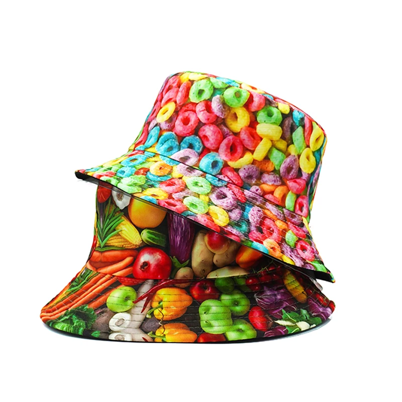 Top Colorful Food Bucket Hat Vegetable Doughnut Printing Fisherman Hats Valentine's Day Panama Cap Reversible Outdoor New Style