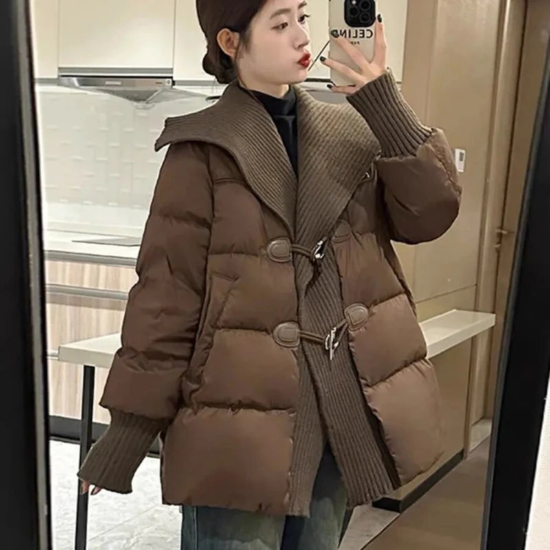 Winter Thick Mid Long Cow Horn Buckle Jacket Women Fashion White Duck Down Parka Outwear Female Large Lapel Loose Down Jacket